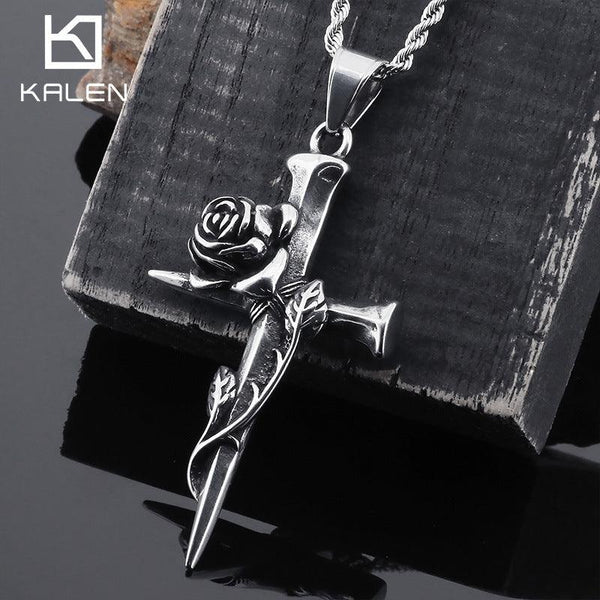 Kalen Punk Rose Cross Stainless Steel Pendant Necklace for Men Women - kalen