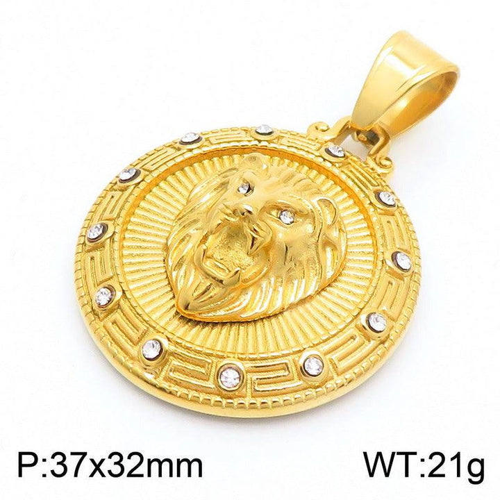 Kalen Hip Hop Zircon Lion Gold Plated Stainless Steel Coin Pendant Necklace for Men Women - kalen