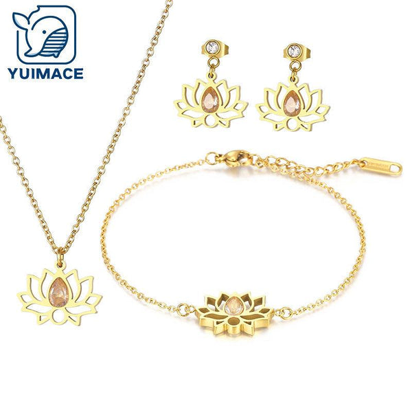 Kalen Stainless Steel Cute Flower Stud Earrings Necklace Bracelet Set for Women - kalen