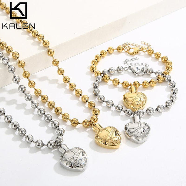 Kalen 6mm Bead Chain Heart Pendant Bracelet Necklace Jewelry Set For Women - kalen