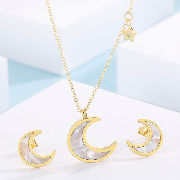 Wholesale Stainless Steel Crescent Moon Necklace and Stud Earrings Jewelry Set | Kalen
