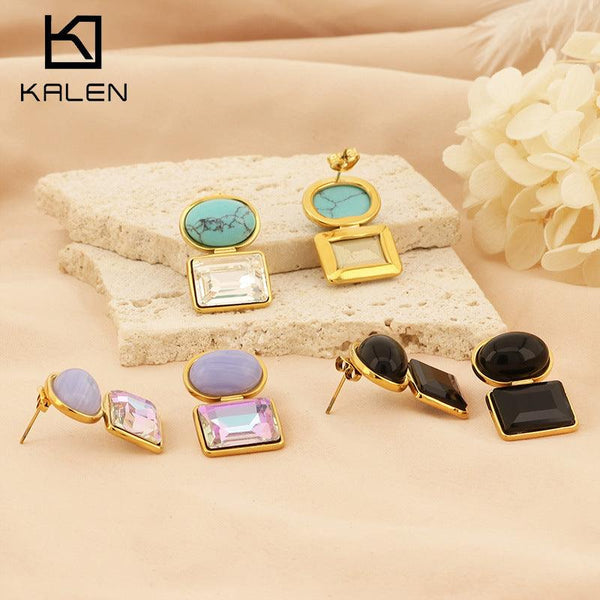 Kalen Stainless Steel Colorful Opal Glass Zircon Stud Drop Earrings for Women - kalen