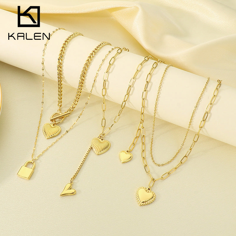 Stainless Steel Heart & Lock Pendant Chain Necklace Set - view 1