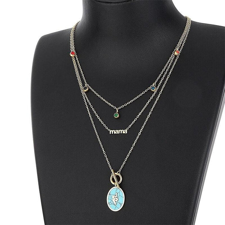 Kalen Bohemia Multi-layer Necklace Stainless Steel Mama Pendant Necklace Natural Stone Serpentine Necklaces Wedding Jewelry Gift.