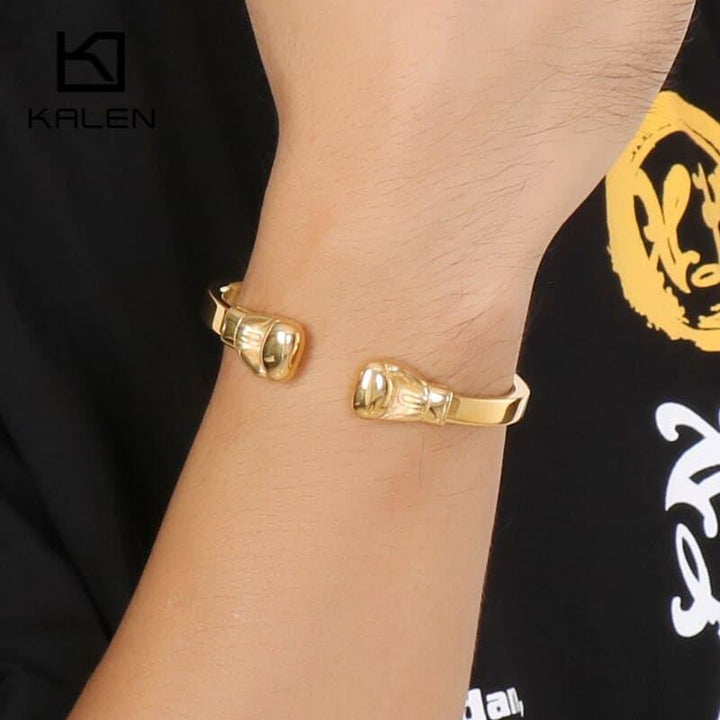 KALEN Hip Hop Opening Boxing Gloves Cuff Bangle For Men Stainless Steel Oxidized Dark Matte Mesh Chain Bracelet &amp; Bangle Jewelry.