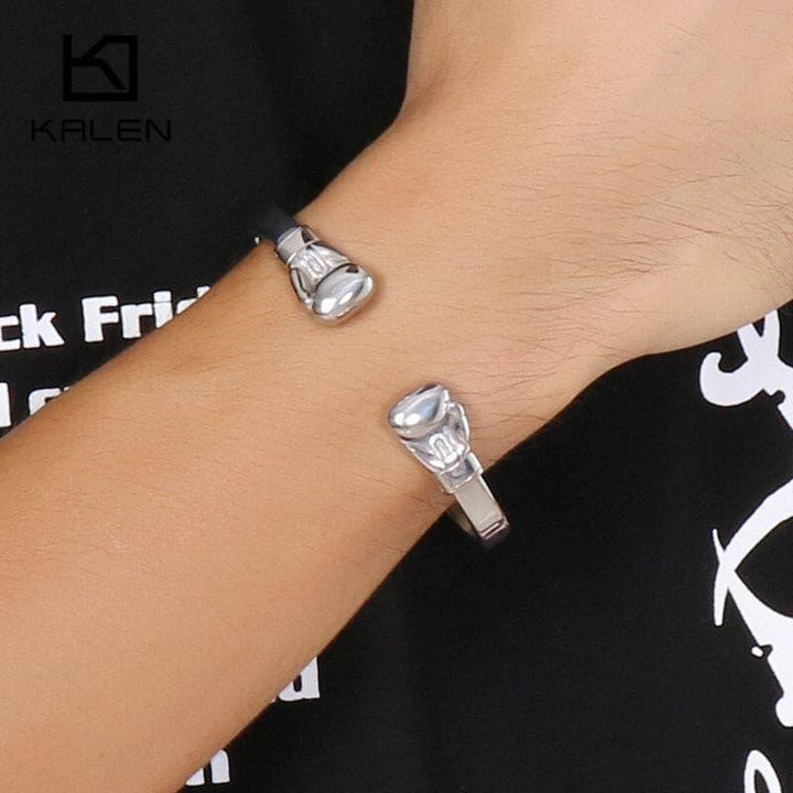 KALEN Hip Hop Opening Boxing Gloves Cuff Bangle For Men Stainless Steel Oxidized Dark Matte Mesh Chain Bracelet &amp; Bangle Jewelry.