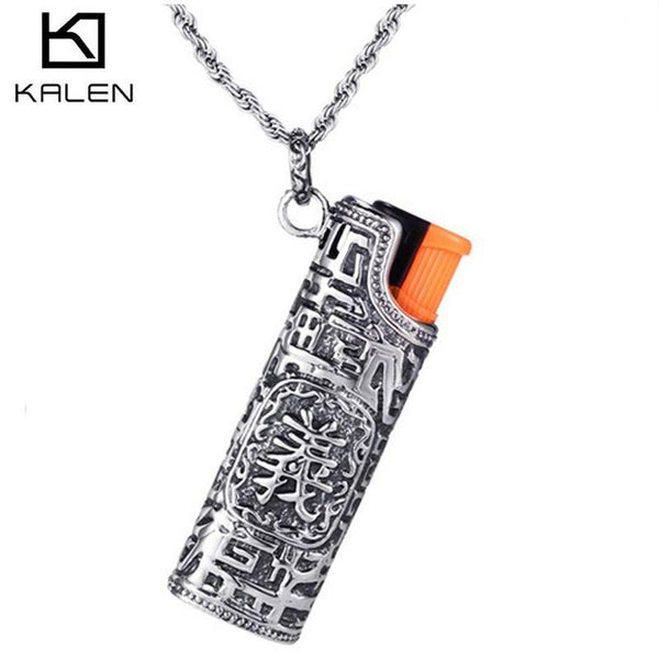 Kalen Stainless Steel Cigarette Lighter Shaped Pendant Necklace Men Lighter Starage With Chinese Letter &quot;righteousness&quot;Charm.