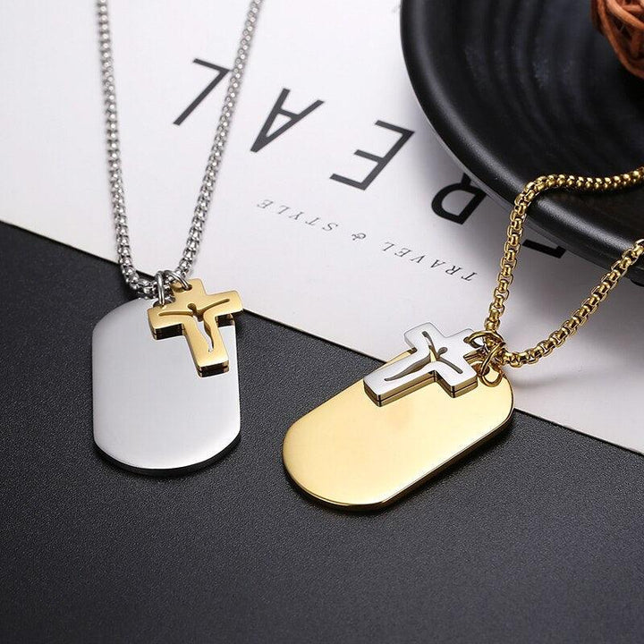 KALEN Cross Dog Tag Pendant Necklace Stainless Steel Jewelry.