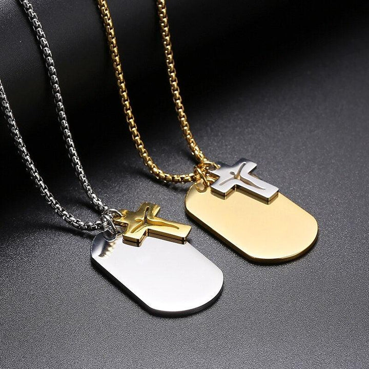 KALEN Cross Dog Tag Pendant Necklace Stainless Steel Jewelry.