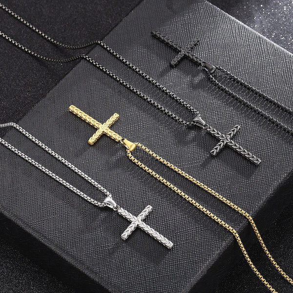 Kalen Charm Stainless Steel Quality Cross Pendant Jesus Punk Men's Necklace Popcorn Chain.