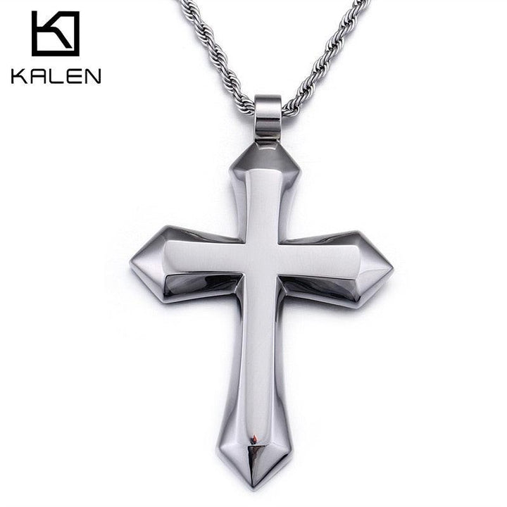 Kalen Heavy Big Shiny Golden Cross Pendant Men's Necklace Stainless Steel Punk Jewelry.