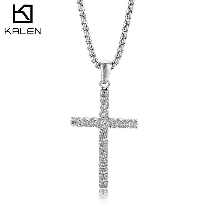 Kalen Charm Stainless Steel Quality Cross Pendant Jesus Punk Men's Necklace Popcorn Chain.