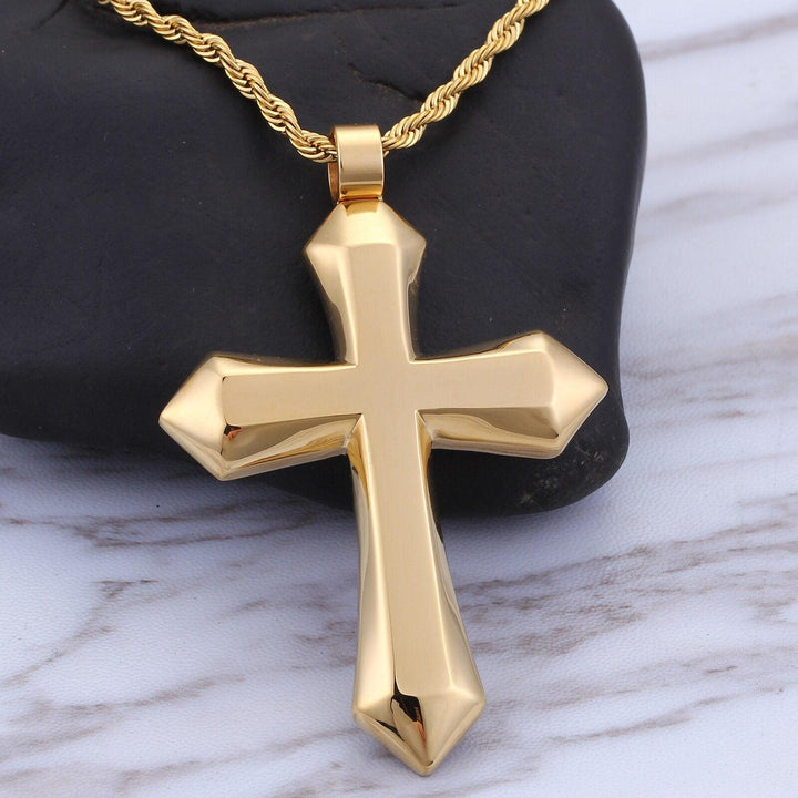 Kalen Heavy Big Shiny Golden Cross Pendant Men's Necklace Stainless Steel Punk Jewelry.