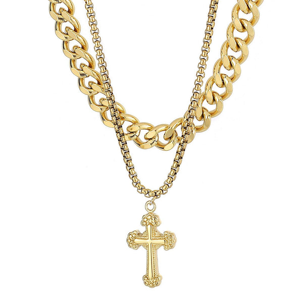 Kalen Vintage Cross Pendant Double Chain Necklace Curb Cuban Chain Men's  Women's Jewelry Choker.