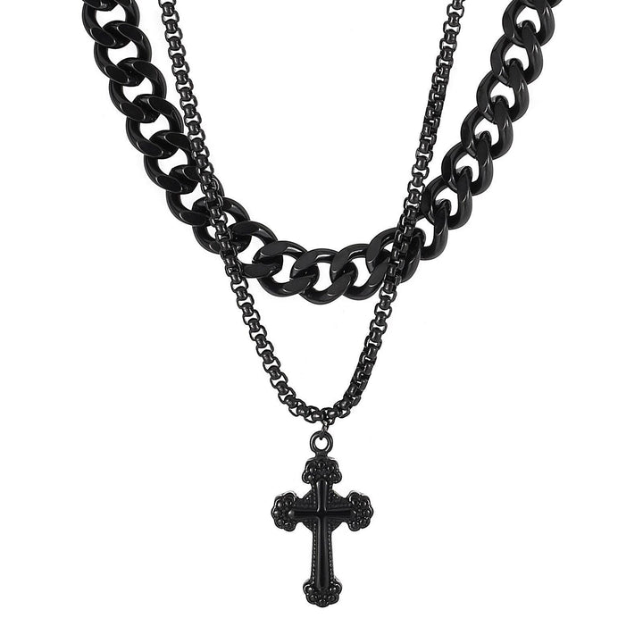 Kalen Vintage Cross Pendant Double Chain Necklace Curb Cuban Chain Men's  Women's Jewelry Choker.