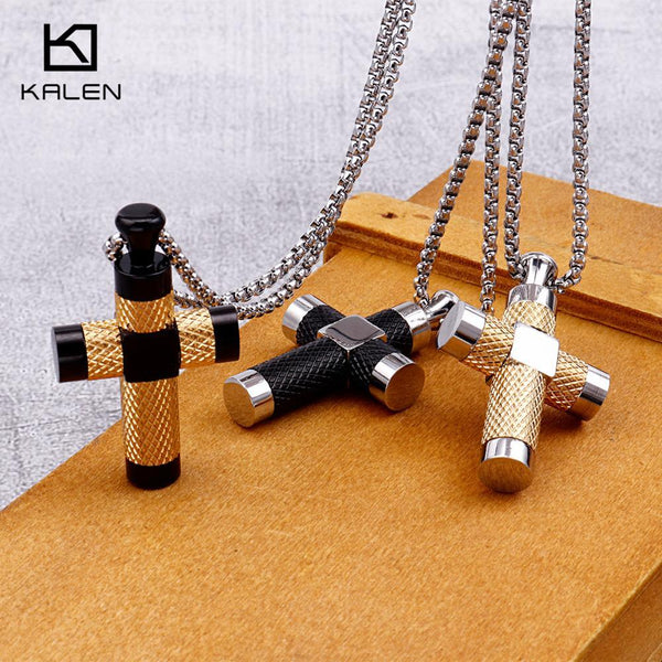 KALEN Fashion Stainless Steel Big Cross Pendant Necklace 3 Color Crucifix 65CM Long Chain Necklace Prayer Jewelry Accessories.