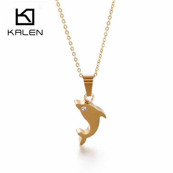 Kalen Cute Cartoon Animal Mini Dolphin Pendant Necklace For Women Tri-color Stainless Steel Zircon Chain Choker Femme Jewelry.