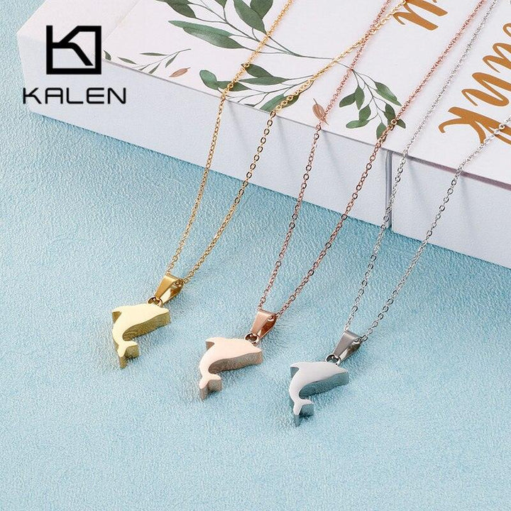 Kalen Cute Cartoon Animal Mini Dolphin Pendant Necklace For Women Tri-color Stainless Steel Zircon Chain Choker Femme Jewelry.