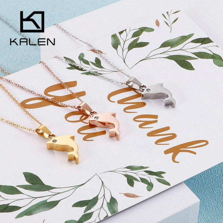 Kalen Cute Cartoon Animal Mini Dolphin Pendant Necklace For Women Tri-color Stainless Steel Zircon Chain Choker Femme Jewelry.