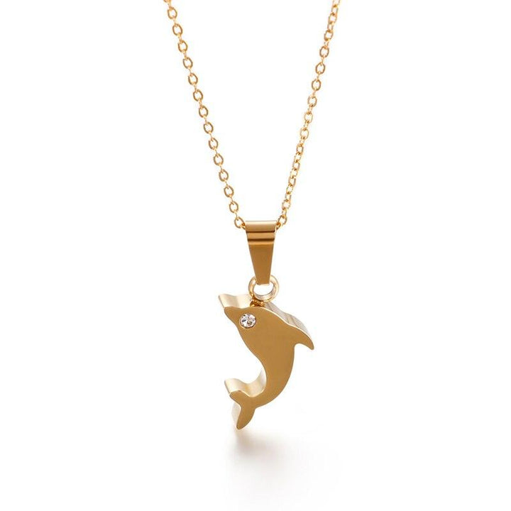 Kalen Cute Cartoon Animal Mini Dolphin Pendant Necklace For Women Tri-color Stainless Steel Zircon Chain Choker Femme Jewelry.