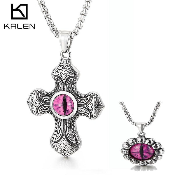 Kalen Gothic Couple Necklace Cross Demon Eye Pendant Stainless Steel Accessories Charm Punk Link.