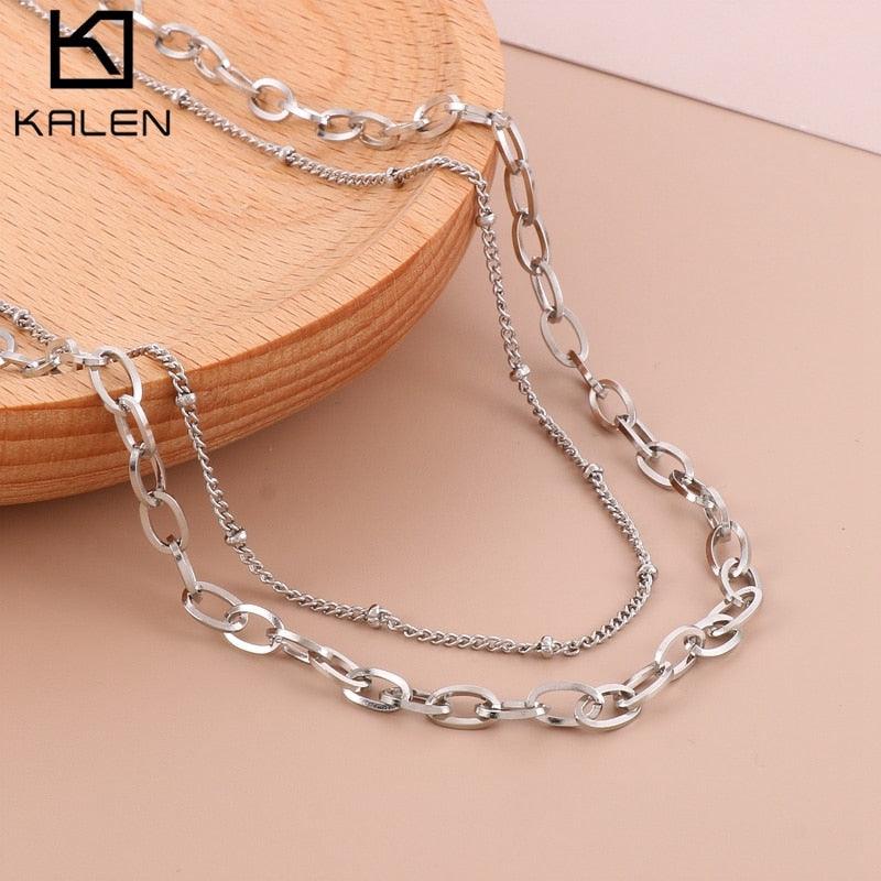KALEN Fashion New Creative Double-Layer Bead Chain Stainless Steel Necklace For Women Simple Punk Gold Color Jewelry Party Gifts.