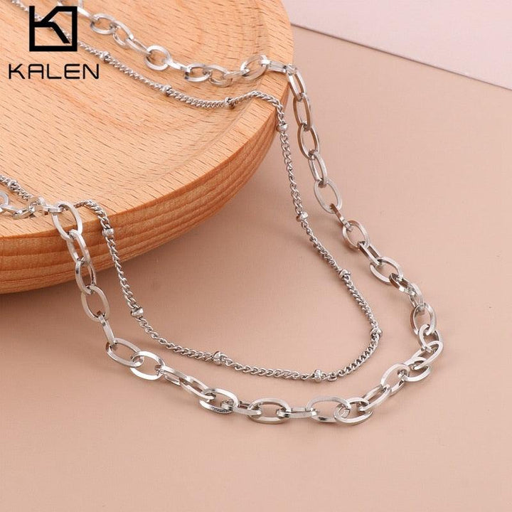 KALEN Fashion New Creative Double-Layer Bead Chain Stainless Steel Necklace For Women Simple Punk Gold Color Jewelry Party Gifts.