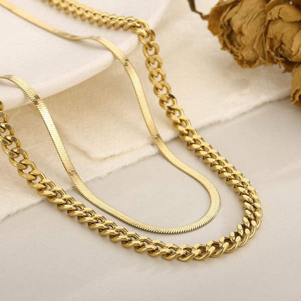 Double Layer 5mm Polished 2-Side Cut Curb Cuban 3mm Herringbone Chain Necklace with OT Clap - kalen