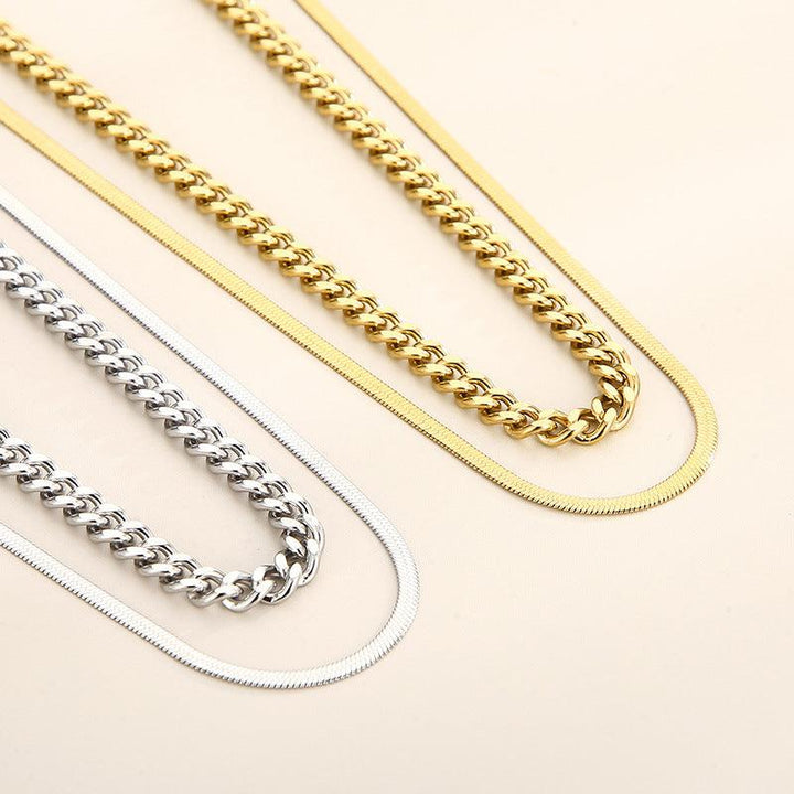 Double Layer 5mm Polished 2-Side Cut Curb Cuban 3mm Herringbone Chain Necklace with OT Clap - kalen