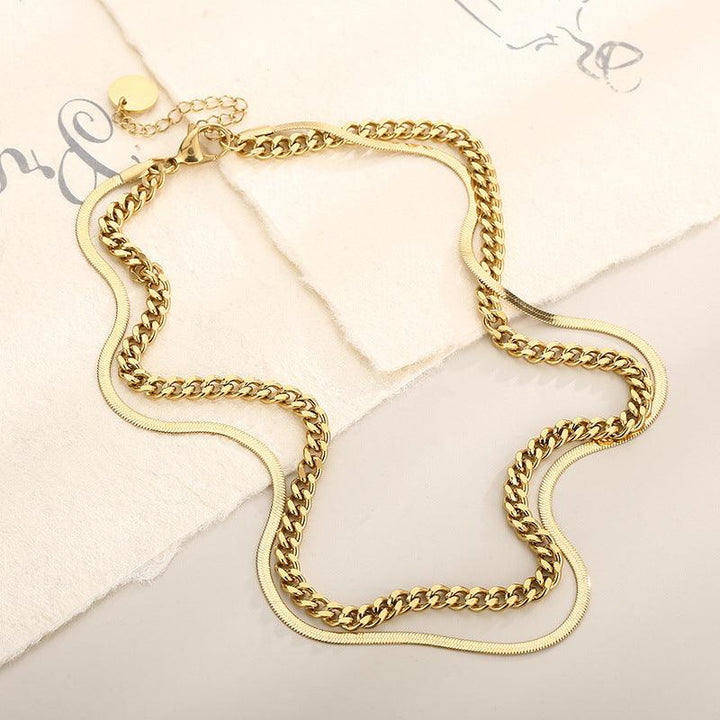 Double Layer 5mm Polished 2-Side Cut Curb Cuban 3mm Herringbone Chain Necklace with OT Clap - kalen