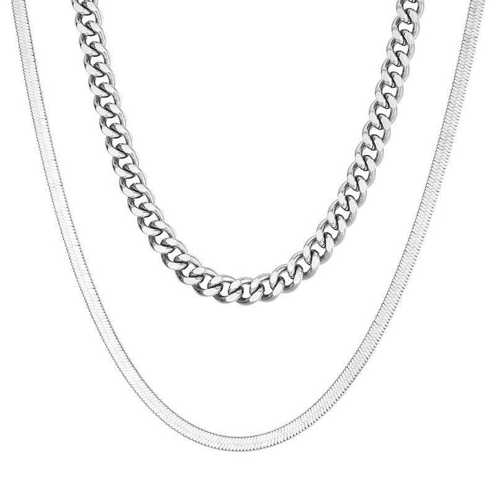 Double Layer 5mm Polished 2-Side Cut Curb Cuban 3mm Herringbone Chain Necklace with OT Clap - kalen