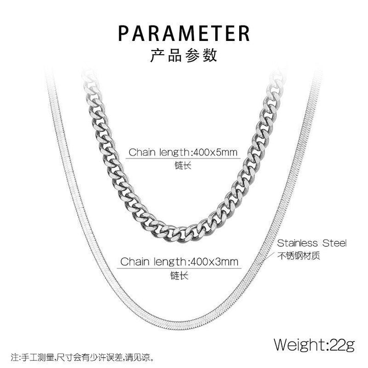 Double Layer 5mm Polished 2-Side Cut Curb Cuban 3mm Herringbone Chain Necklace with OT Clap - kalen