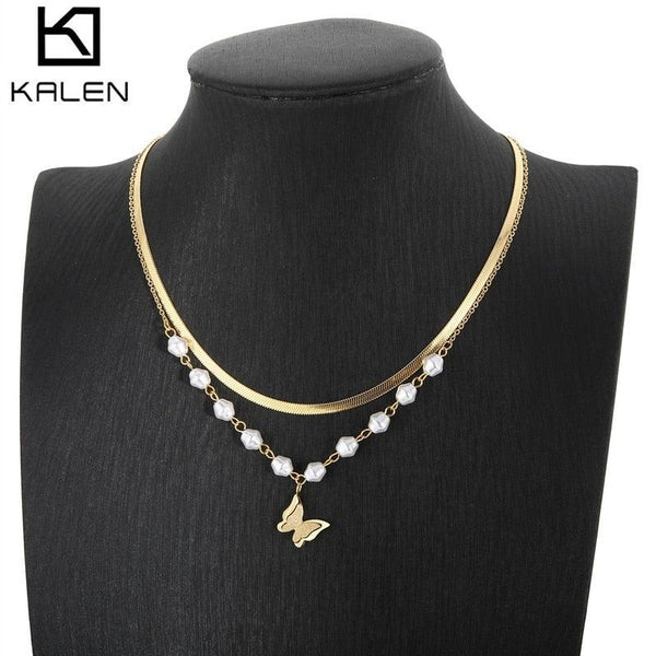 New Fashion Butterfly Pendant Flat Snake Chain Necklace For Women Sweetness Romantic Wedding Party Double Chains Pearl Jewelry.