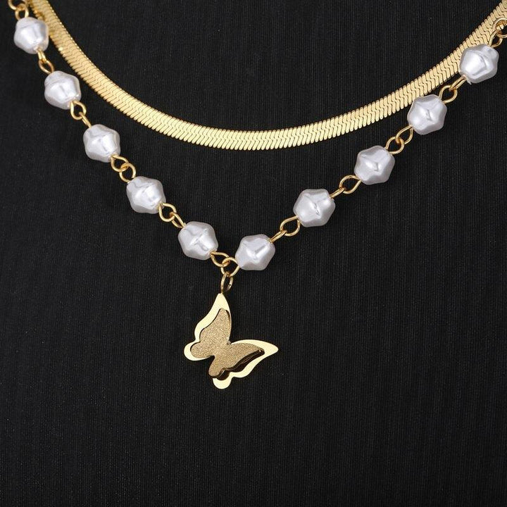 New Fashion Butterfly Pendant Flat Snake Chain Necklace For Women Sweetness Romantic Wedding Party Double Chains Pearl Jewelry.