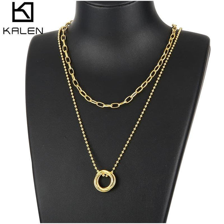 Kalen For Women Double Round Geometric Pendant Necklace Stainless Steel Gold and Silver Color Jewelry Gift.