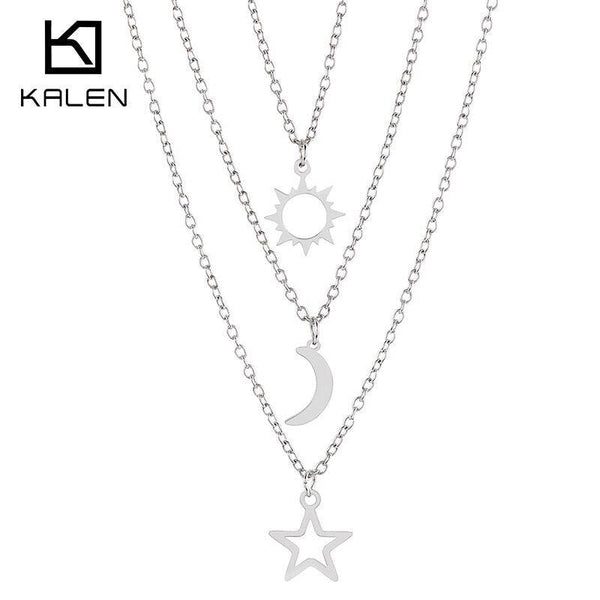 KALEN Stainless Steel Simple Stars Double Layer Choker Shiny Moon Pendants Necklaces For Women Gift Fine Jewelry.