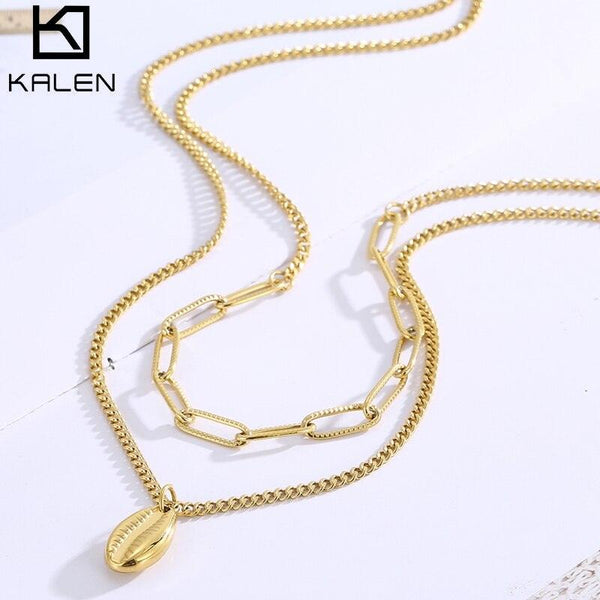 KALEN Vintage Bohemia Gold Coin Layered Chain Necklace For Women Shell Long Choker Collar Pendant butterfly Necklace.