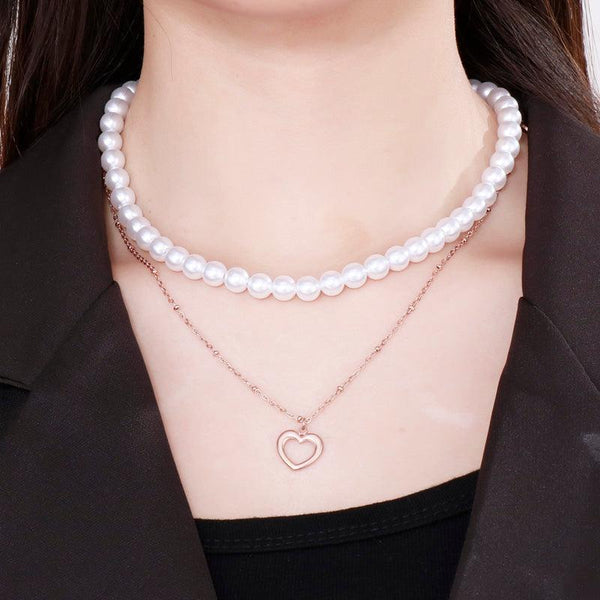 Double Layer Pearl Chain Heart Pendant Necklace For Women - kalen