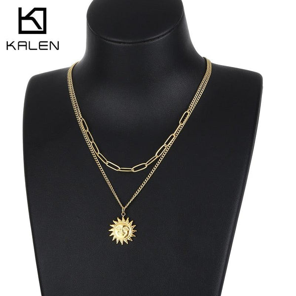 KALEN Stainless Steel Fashion Jewelry 2 Layer Vintage Round Sun Coin Charms Thick Chain Choker Necklaces Pendants For Women.