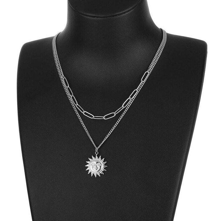 KALEN Stainless Steel Fashion Jewelry 2 Layer Vintage Round Sun Coin Charms Thick Chain Choker Necklaces Pendants For Women.