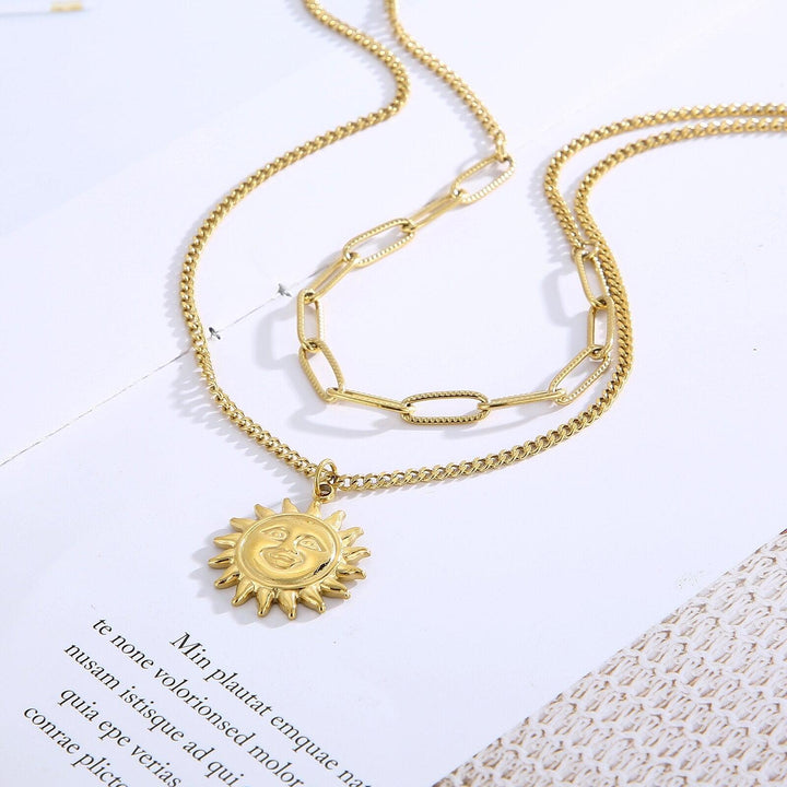 KALEN Stainless Steel Fashion Jewelry 2 Layer Vintage Round Sun Coin Charms Thick Chain Choker Necklaces Pendants For Women.