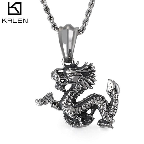 Kalen Dragon King Retro Style Traditional Animal Pendant Stainless Steel Rock Men's Necklace Jewelry.