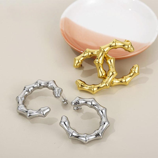 Stainless Steel Chunky C-Shaped Bamboo Stud Earrings For Women