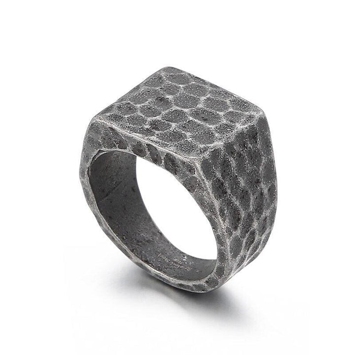 European Retro Stainless Steel Square Hammer Pattern Chunky Ring For Women Men Punk Rotre Unisex Finger Anillos Party Jewelry.