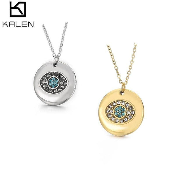 Kalen Coin Stainless Steel Pendants Small Size Evil Eye Hamsa Fatima Hand Zircon Gold Color Necklace Choker for Women Girls.