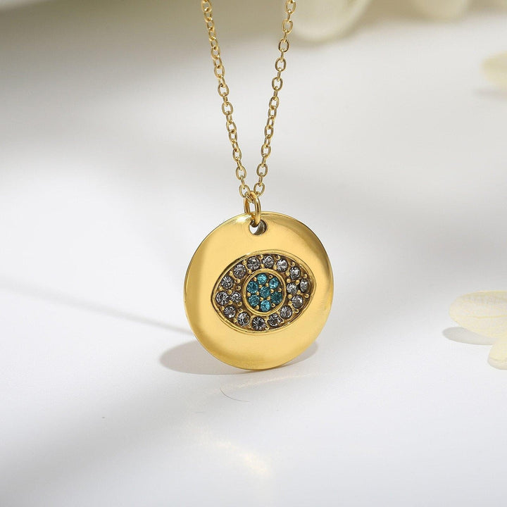 Kalen Coin Stainless Steel Pendants Small Size Evil Eye Hamsa Fatima Hand Zircon Gold Color Necklace Choker for Women Girls.