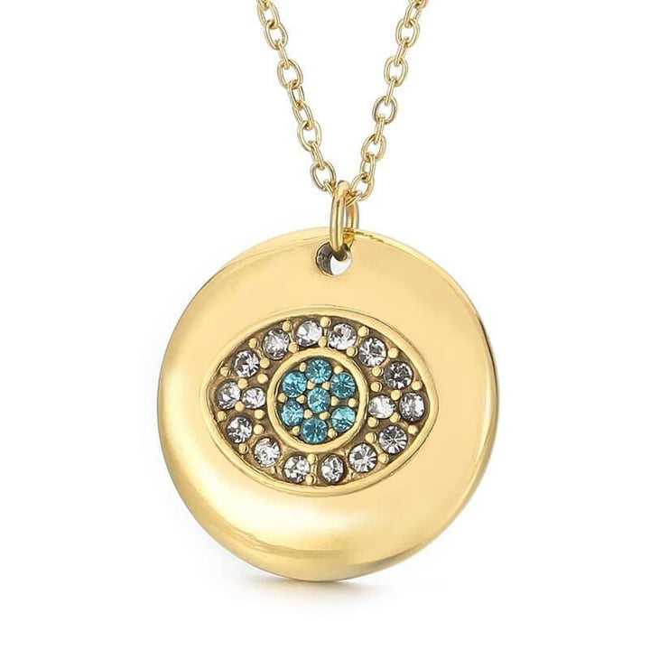 Kalen Coin Stainless Steel Pendants Small Size Evil Eye Hamsa Fatima Hand Zircon Gold Color Necklace Choker for Women Girls.