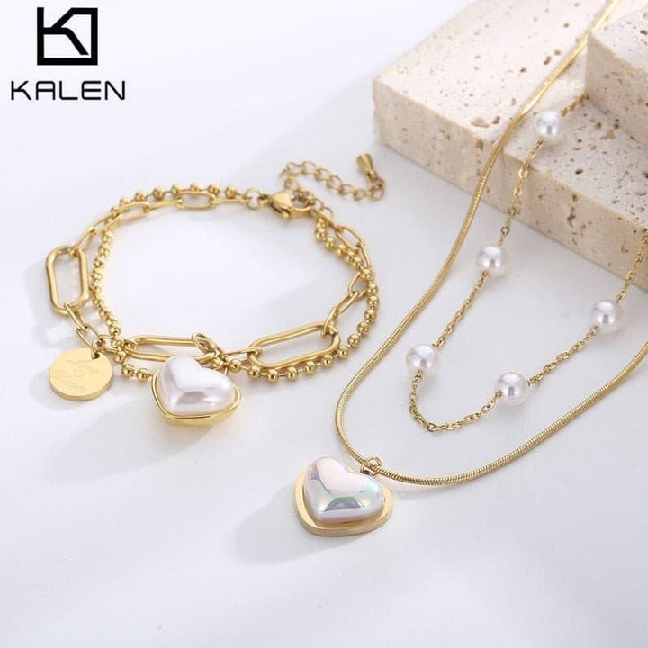 Fashion Wedding Party Pearl Double Chain Necklace Bracelet For Women Sweet Romantic Stainless Steel Jewelry Set Girlfriend Gift.