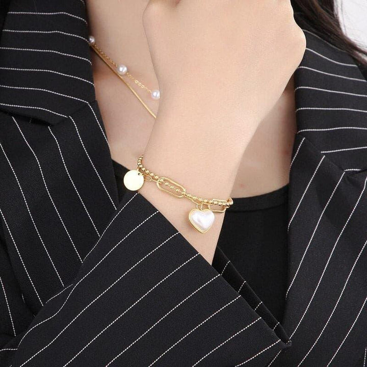 Fashion Wedding Party Pearl Double Chain Necklace Bracelet For Women Sweet Romantic Stainless Steel Jewelry Set Girlfriend Gift.