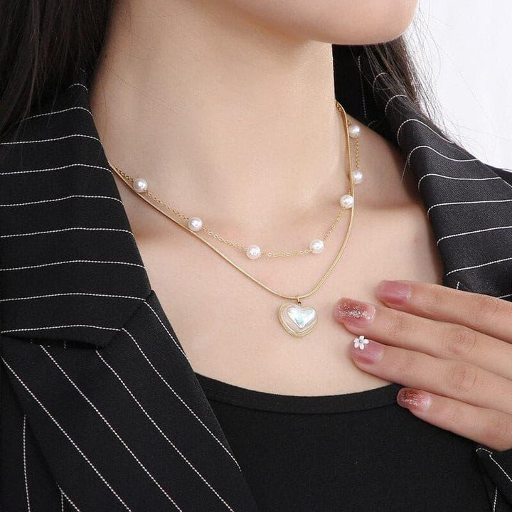 Fashion Wedding Party Pearl Double Chain Necklace Bracelet For Women Sweet Romantic Stainless Steel Jewelry Set Girlfriend Gift.